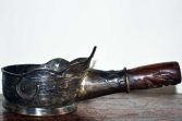 Antique 19th Century Chinese bronze/wood silk iron with character/seal marks, c1890