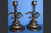 Pair antique 19th Century brass and patinated bronze eagle candlesticks, c1890