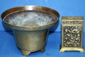 Antique Chinese brass bowl/censor and card/match box, c1920
