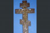 Large antique early 20th Century Russian bronze and enamel cross icon, c1920