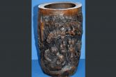 Large hand-carved, deep-cut antique 19th Century Chinese bamboo brush pot, c1880