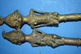 Pair antique mid 20th century African Yoruba tribal bronze figural staff, c1950