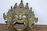 Tibetan Bronze Mahakala Mask figural incense burner, glass eyes, c1890